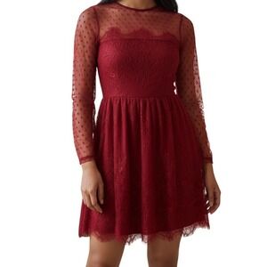 EXPRESS Red Chantilly Lace Sheer Dot Long Sleeve Fit Flare Dress EUC Size 00